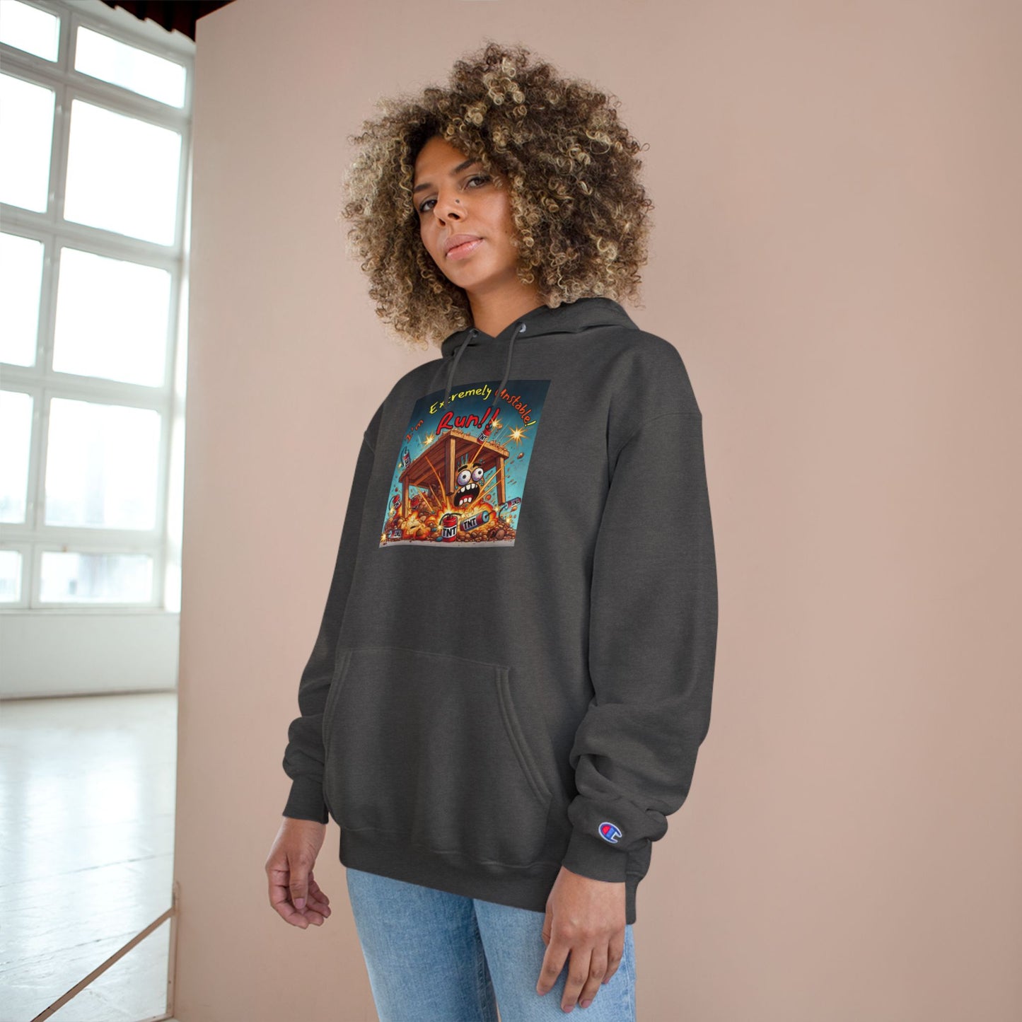 Fun & Unique Champion Hoodie - "I'm Extremely Unstable! Run!!" with “Stone Customs” Logo on back