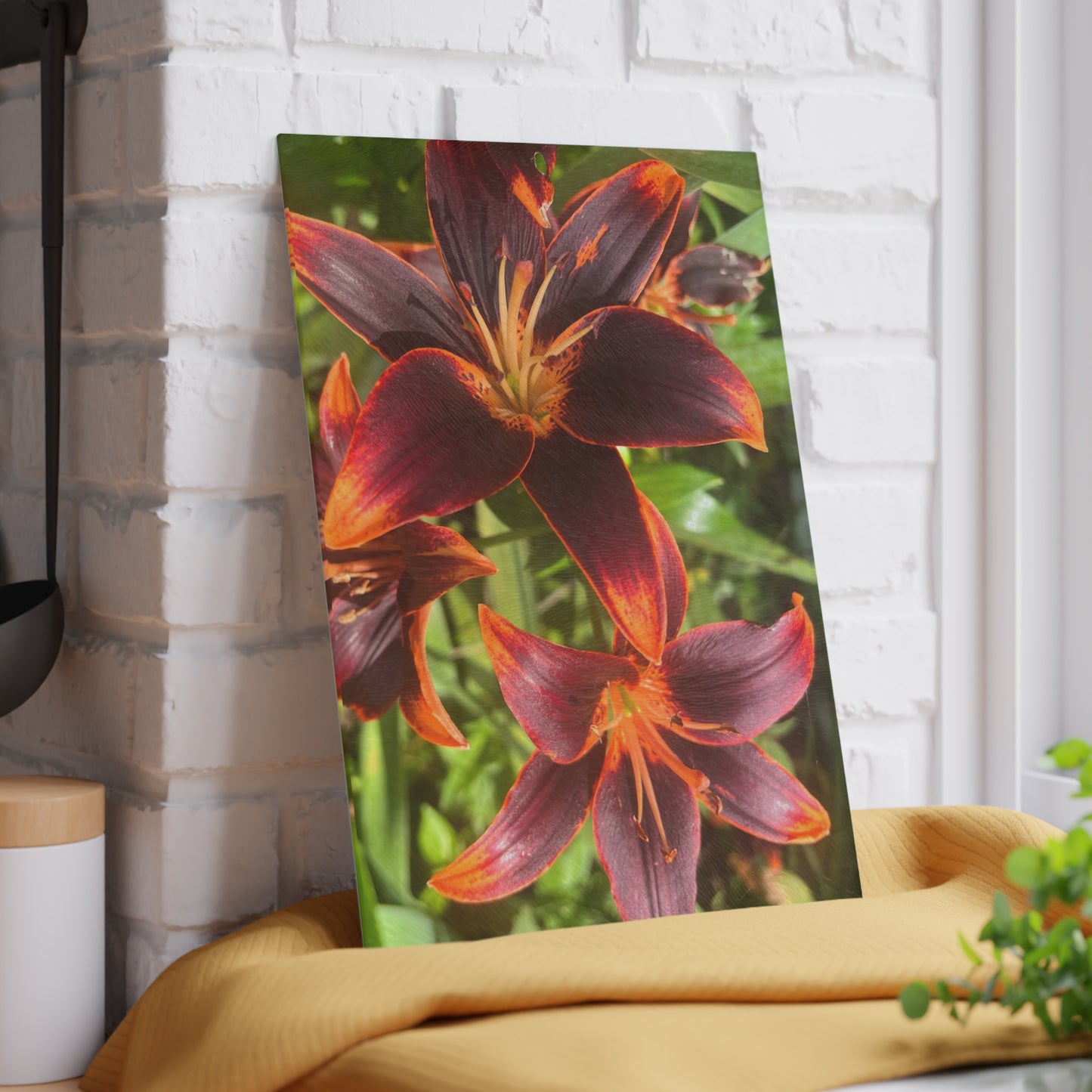 "Purple and Orange Flowers" Glass Cutting Board