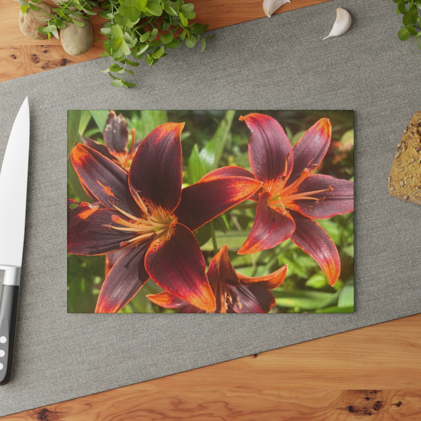"Purple and Orange Flowers" Glass Cutting Board