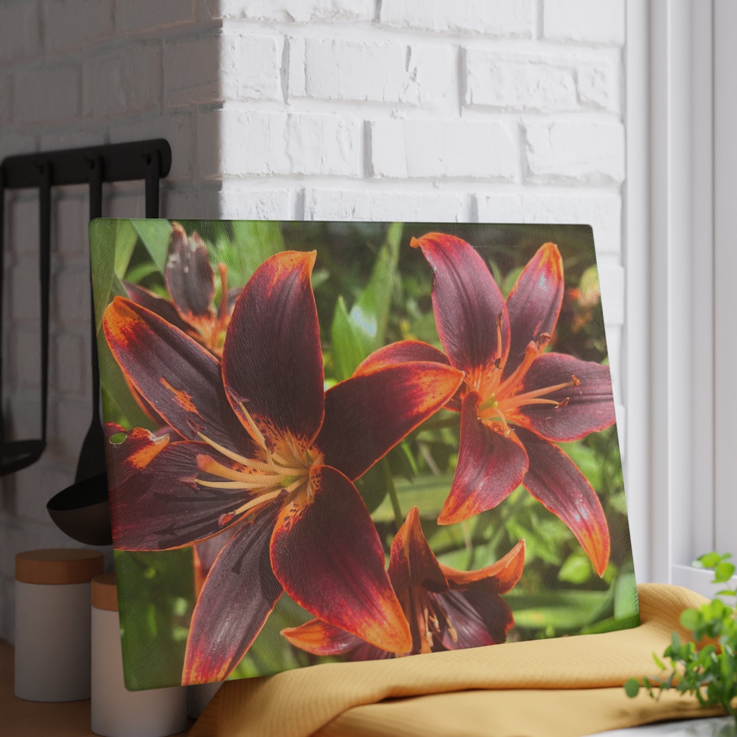 "Purple and Orange Flowers" Glass Cutting Board