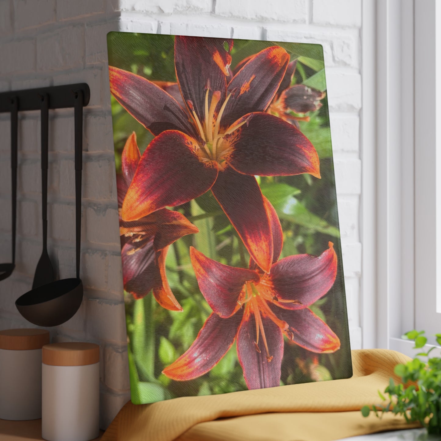 "Purple and Orange Flowers" Glass Cutting Board