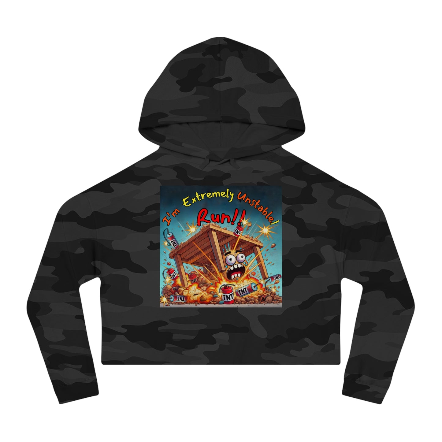 Fun Graphic Cropped Hooded Sweatshirt - “I’m Extremely Unstable! Run!” with “Stone Customs” logo on back