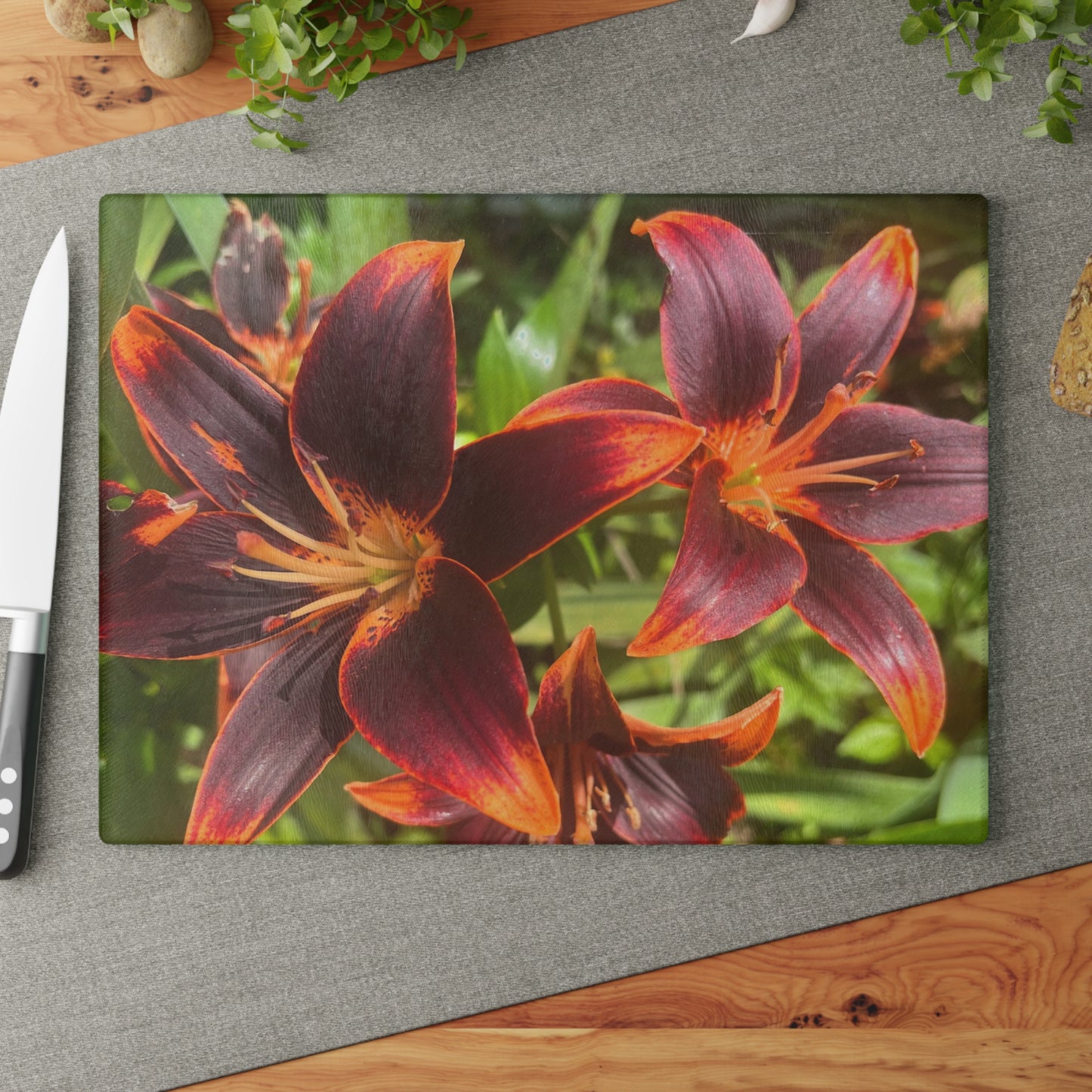 "Purple and Orange Flowers" Glass Cutting Board