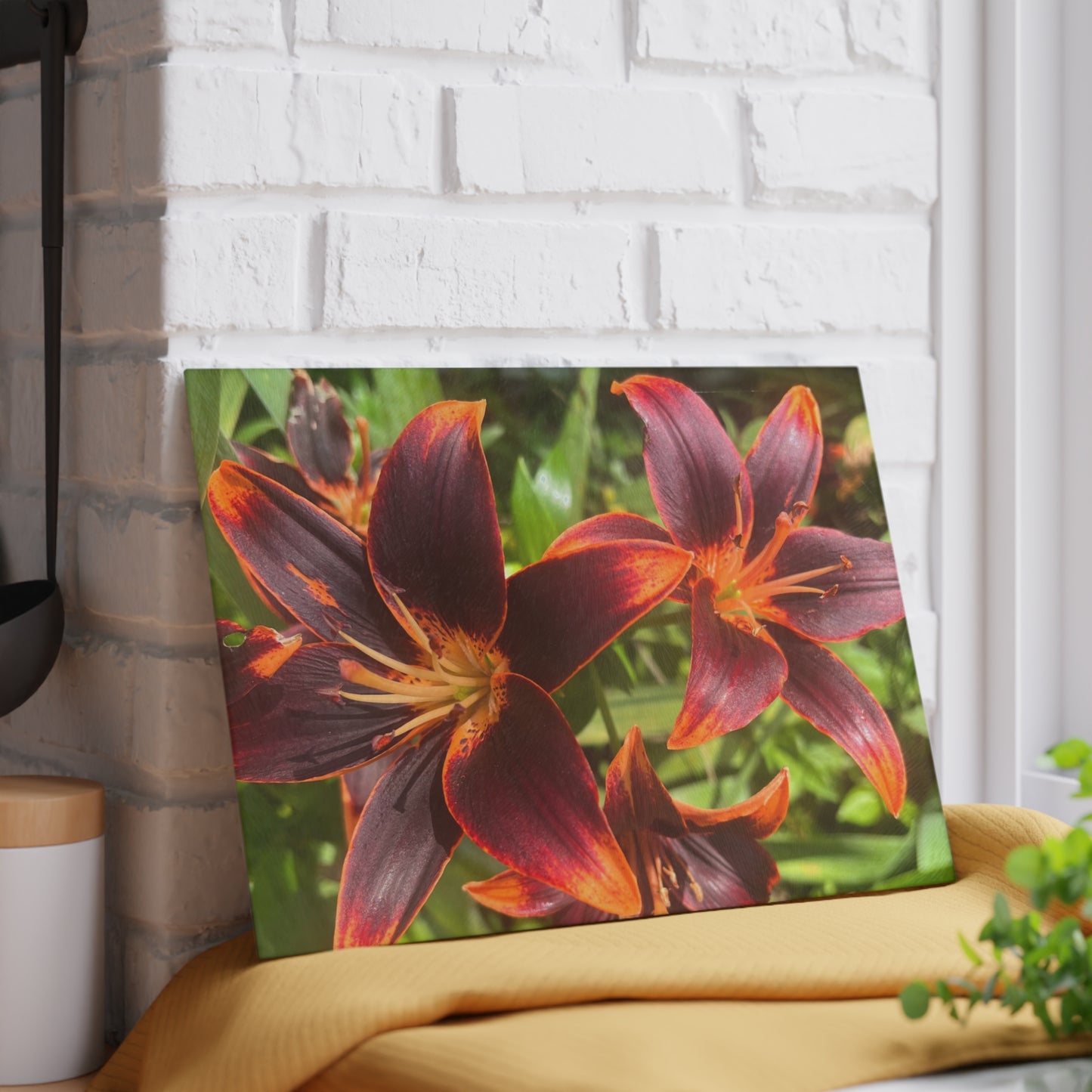 "Purple and Orange Flowers" Glass Cutting Board