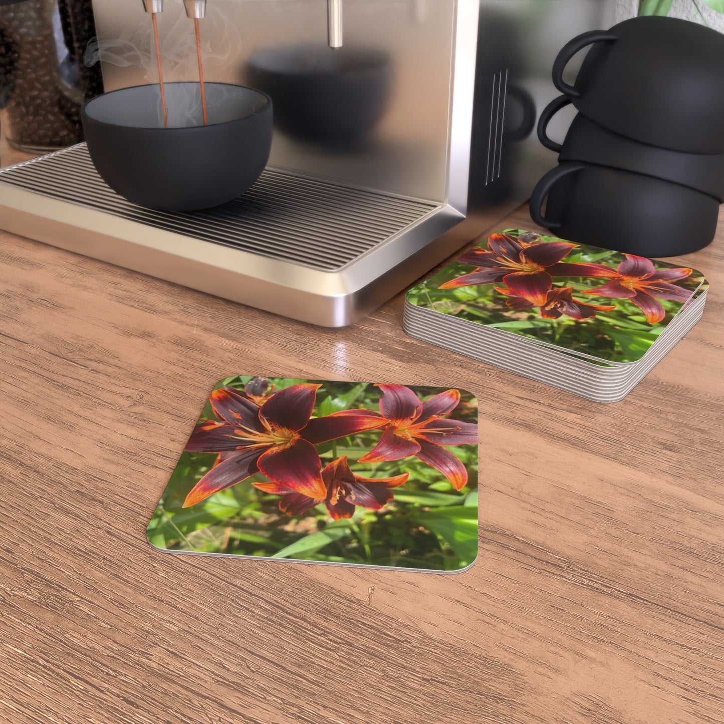 "Purple and Orange Flowers" Coasters (50, 100 pcs)