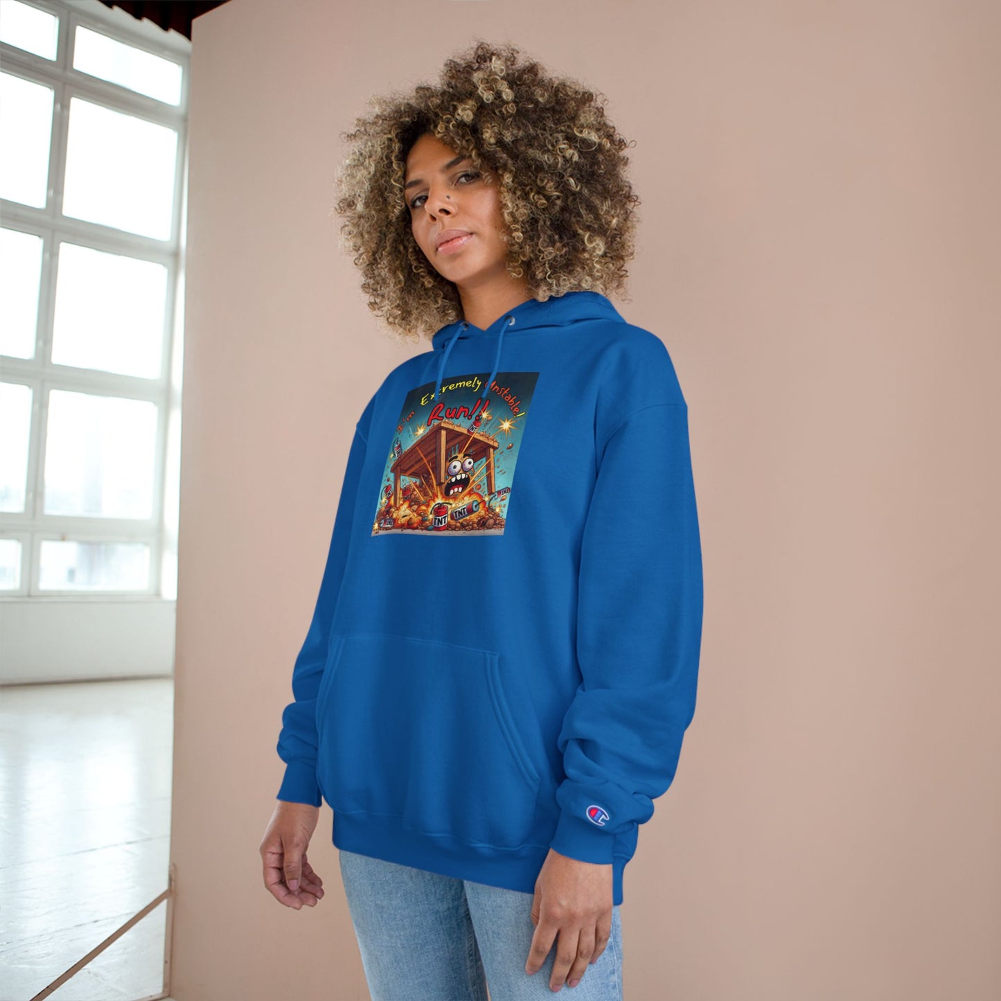 Fun & Unique Champion Hoodie - "I'm Extremely Unstable! Run!!" with “Stone Customs” Logo on back