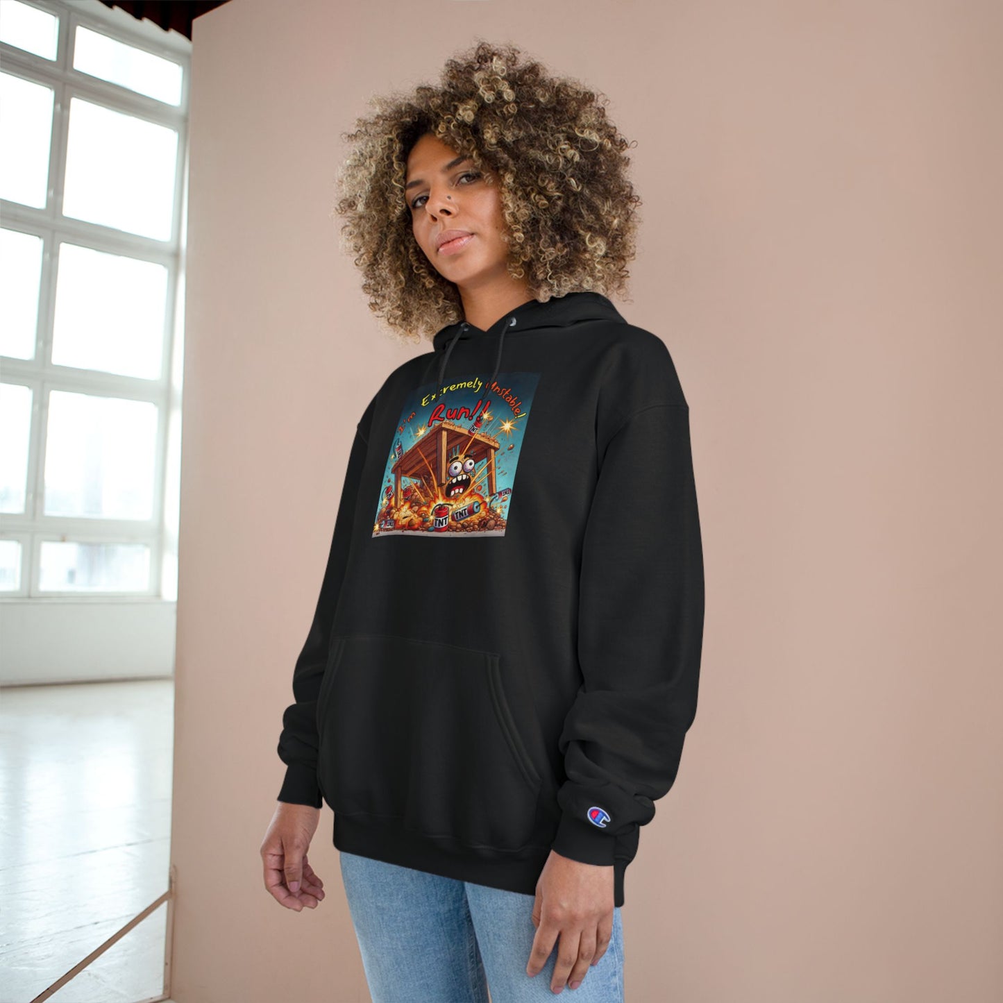 Fun & Unique Champion Hoodie - "I'm Extremely Unstable! Run!!" with “Stone Customs” Logo on back