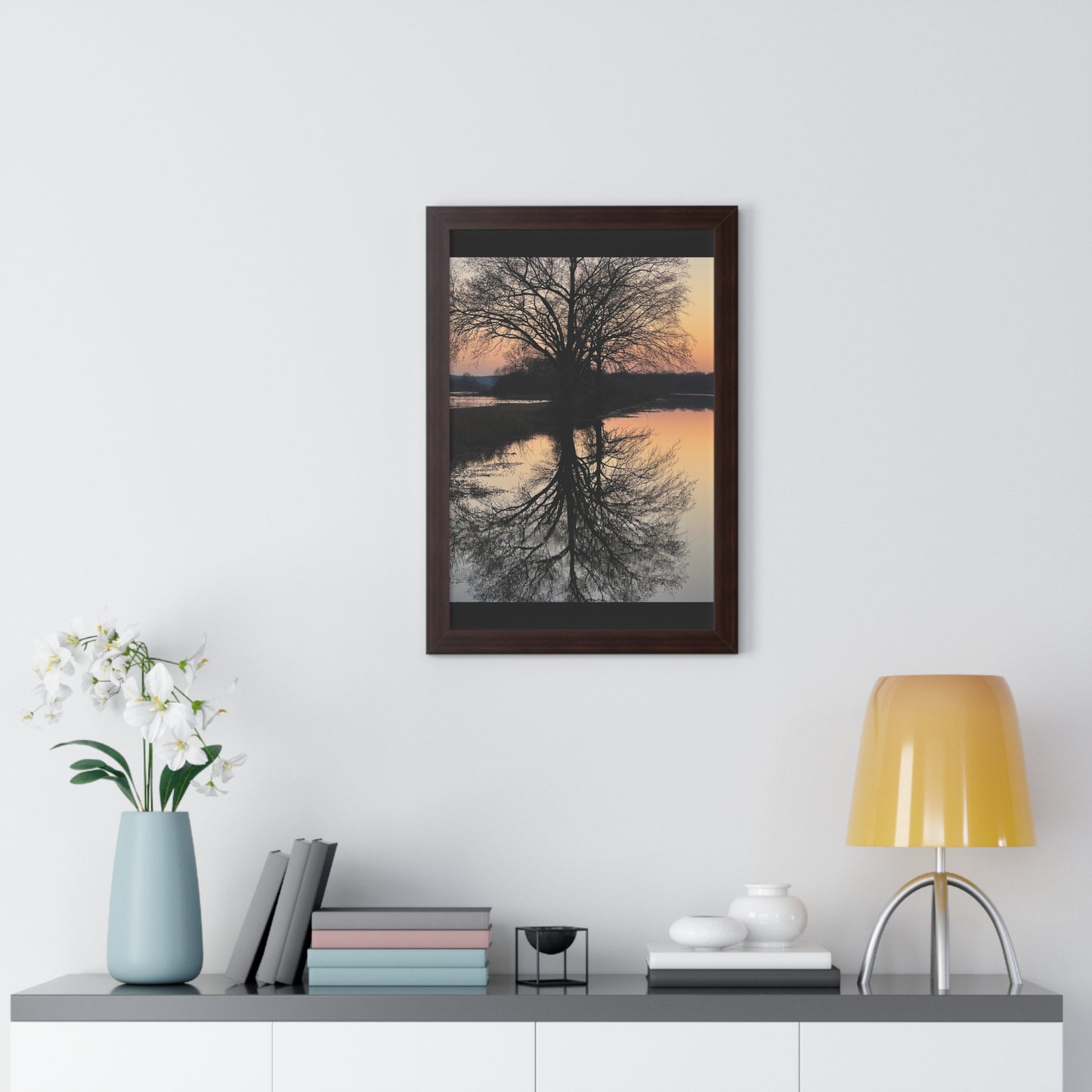 “Reflection At Sunset” Framed Vertical Poster