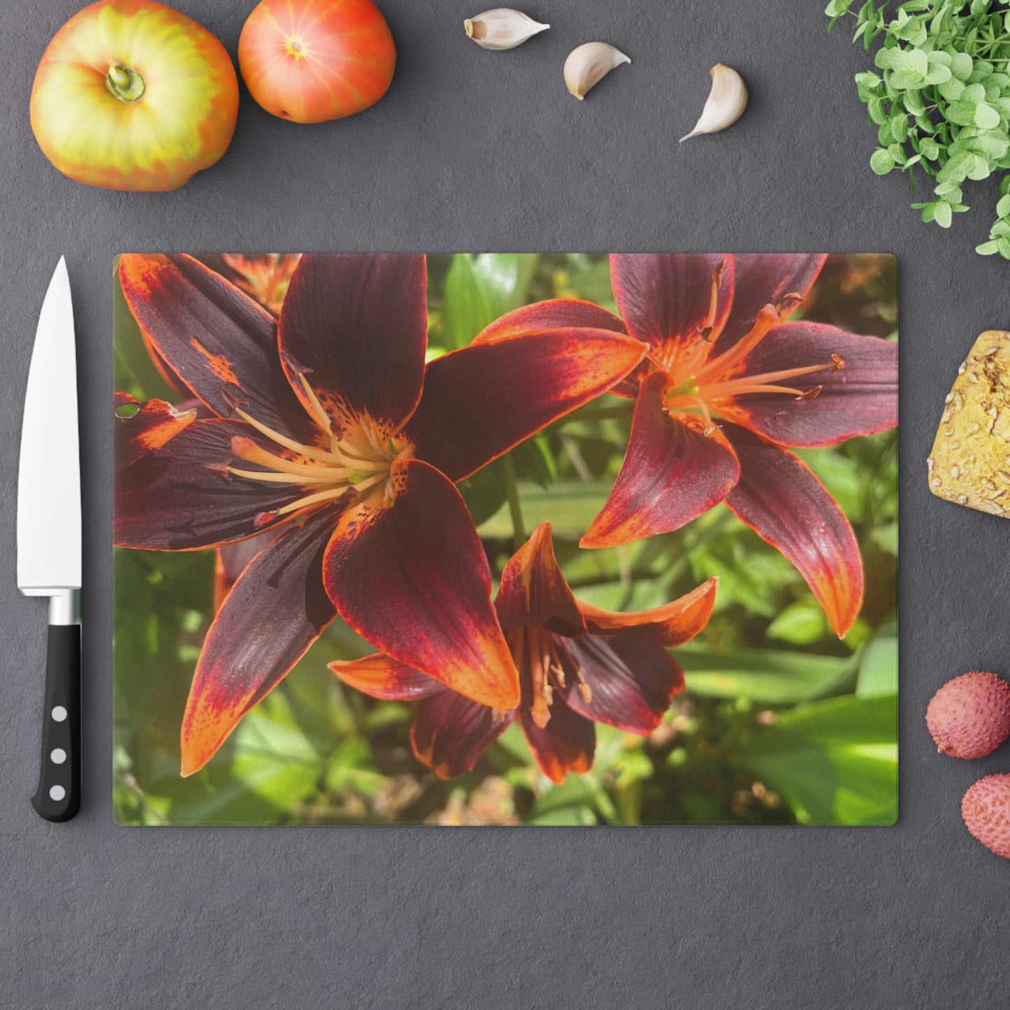 "Purple and Orange Flowers" Cutting Board