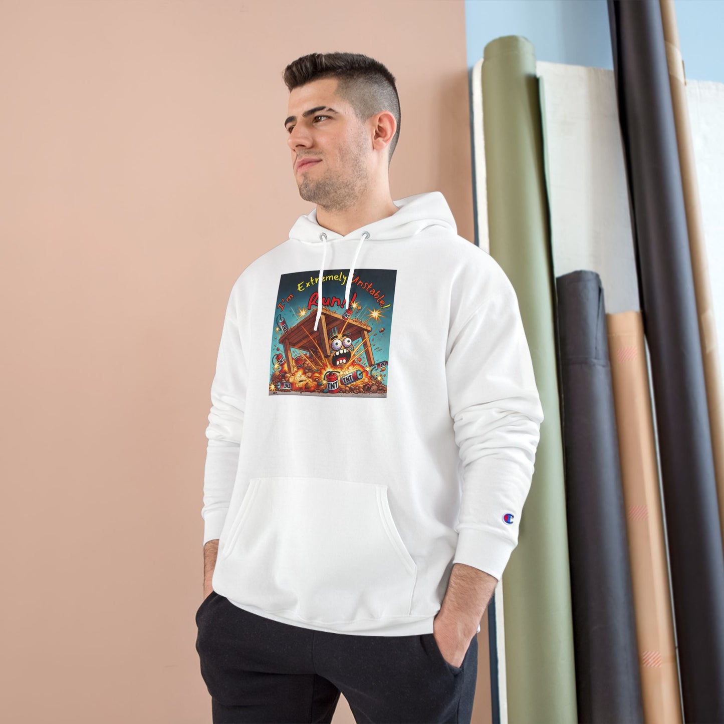 Fun & Unique Champion Hoodie - "I'm Extremely Unstable! Run!!" with “Stone Customs” Logo on back