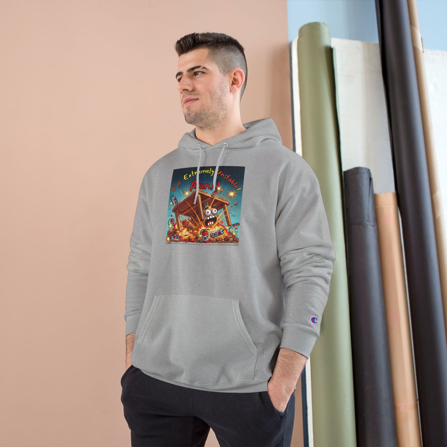 Fun & Unique Champion Hoodie - "I'm Extremely Unstable! Run!!" with “Stone Customs” Logo on back