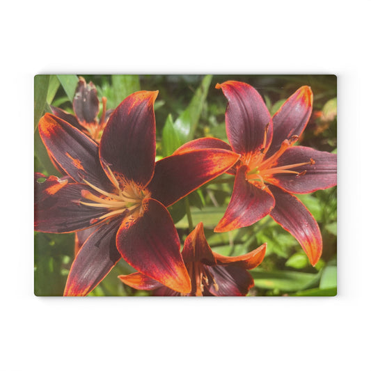 "Purple and Orange Flowers" Glass Cutting Board