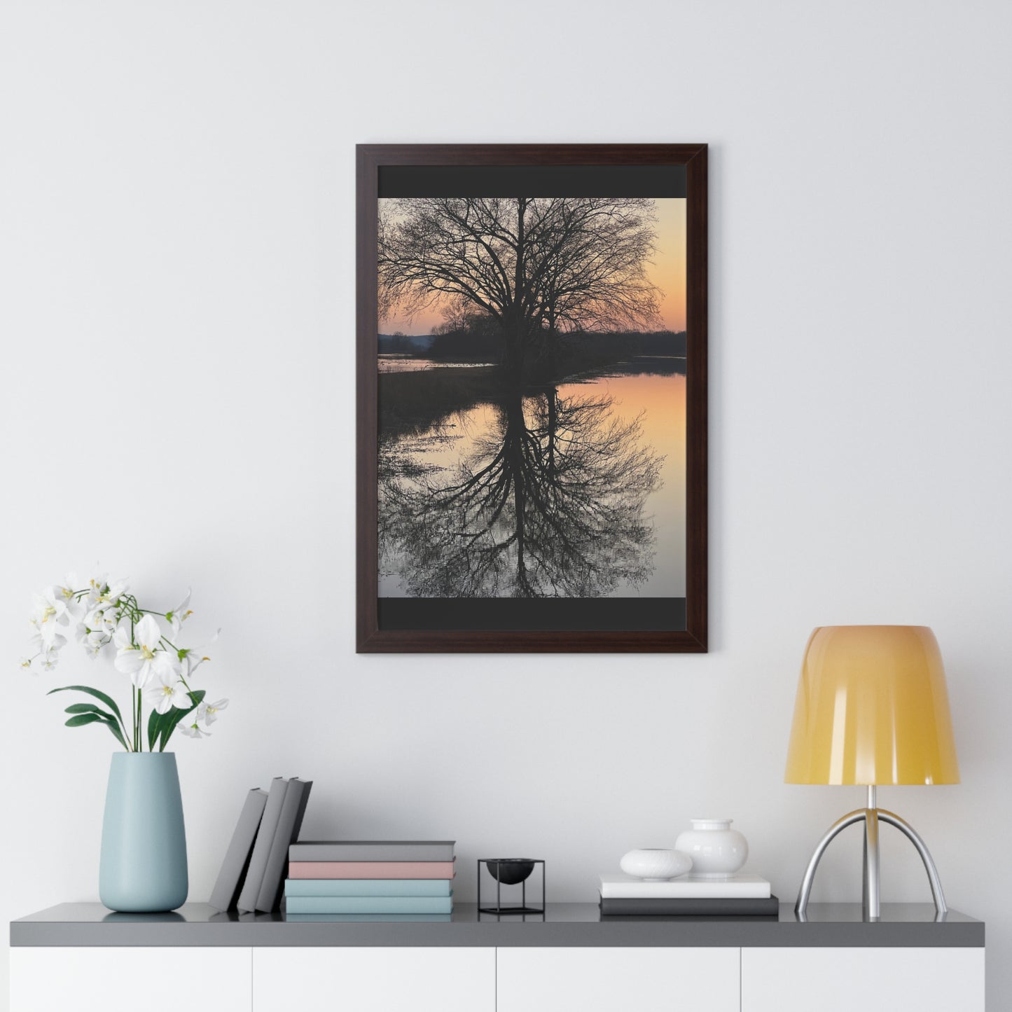 “Reflection At Sunset” Framed Vertical Poster