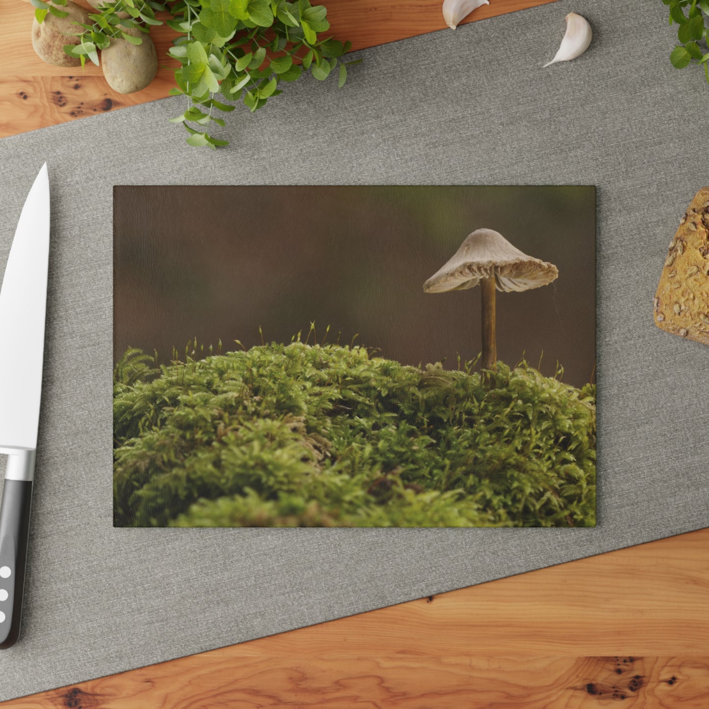 "Mushroom On Mossy Mound" Glass Cutting Board