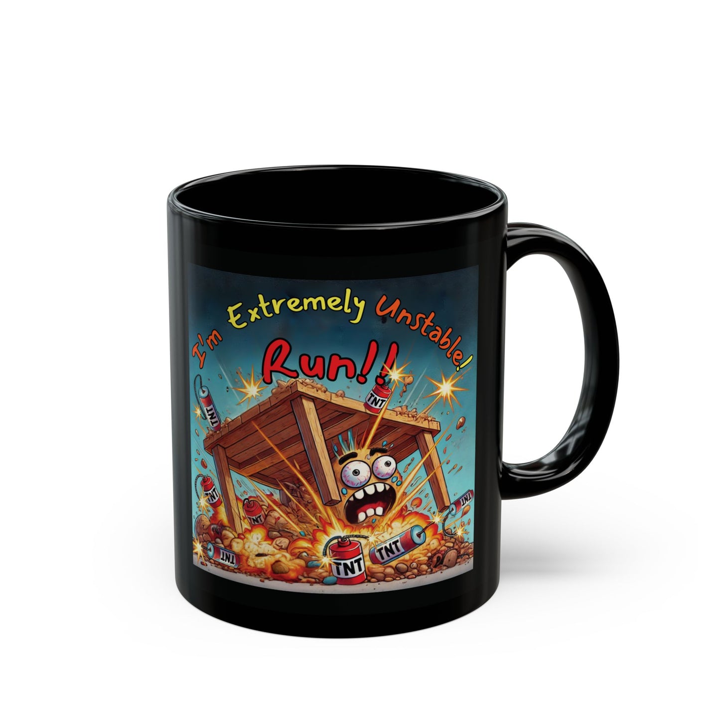 Left Side Design Mug - “I'm Extremely Unstable, Run!” Black Mug (11oz, 15oz)