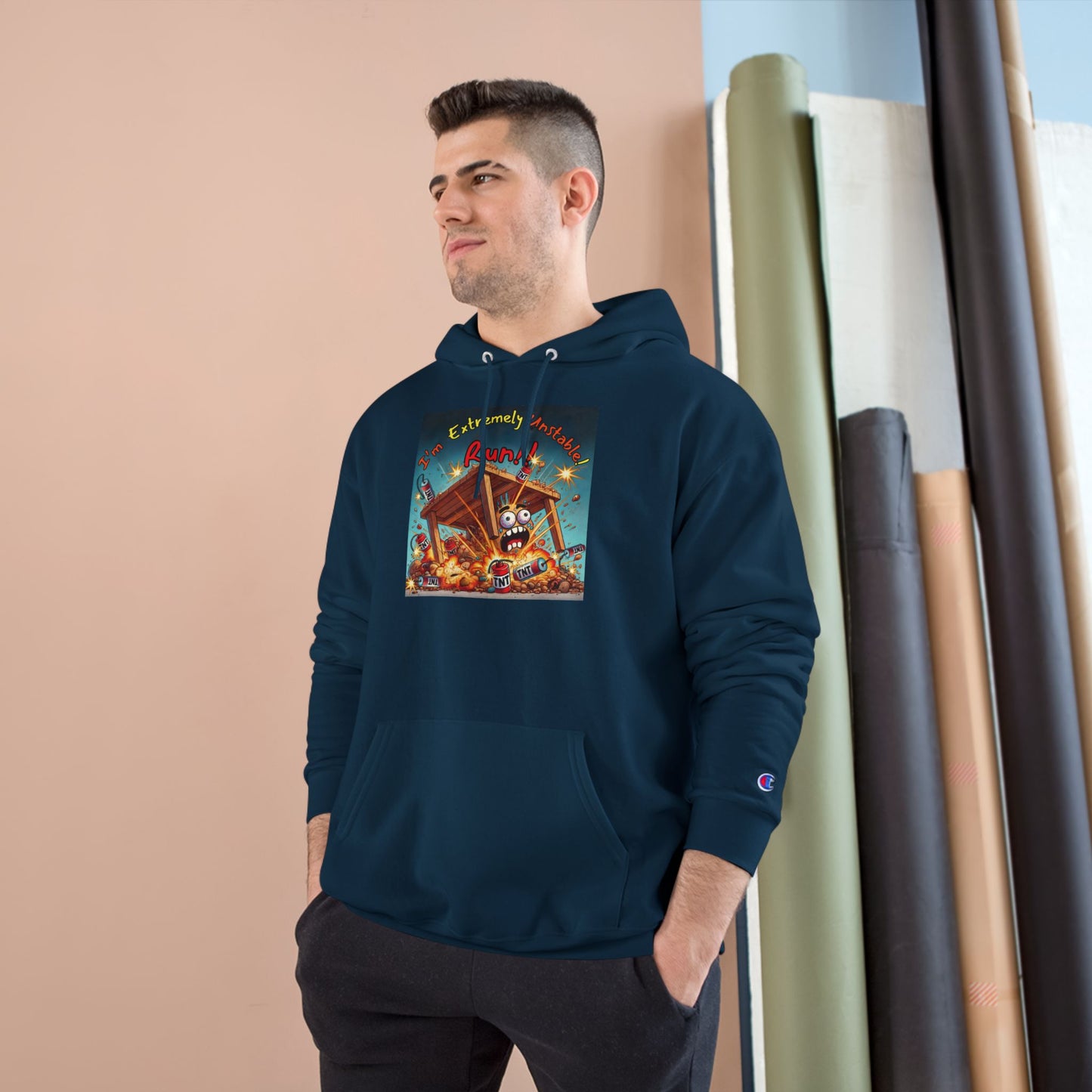 Fun & Unique Champion Hoodie - "I'm Extremely Unstable! Run!!" with “Stone Customs” Logo on back