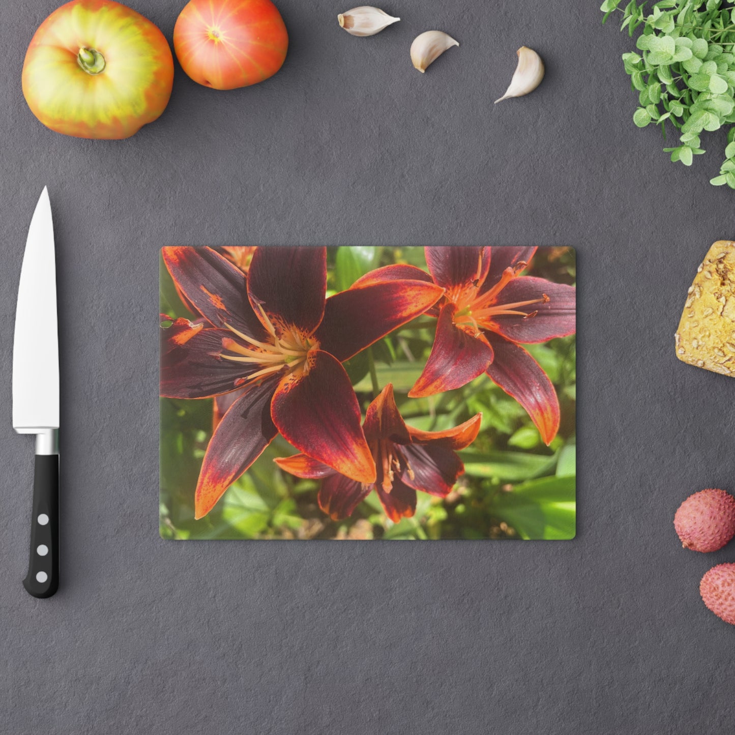 "Purple and Orange Flowers" Cutting Board