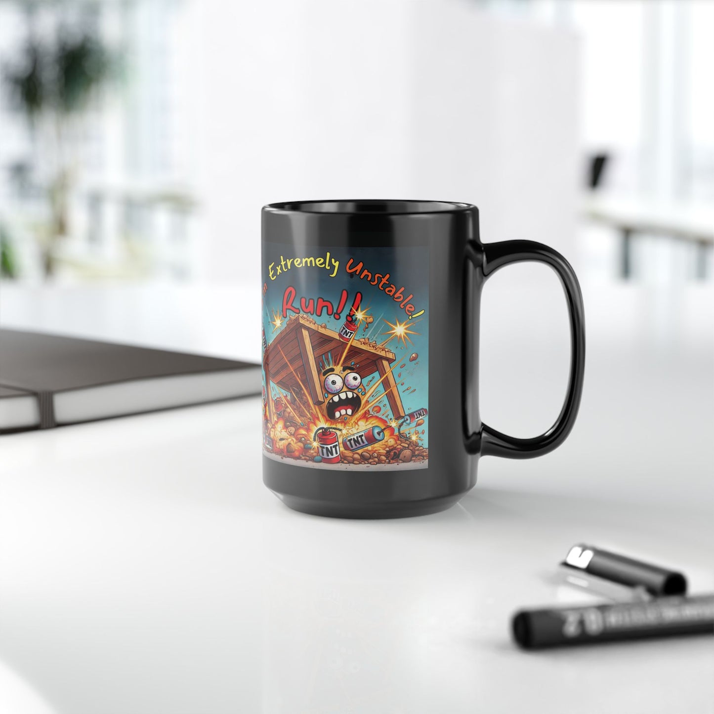 Left Side Design Mug - “I'm Extremely Unstable, Run!” Black Mug (11oz, 15oz)