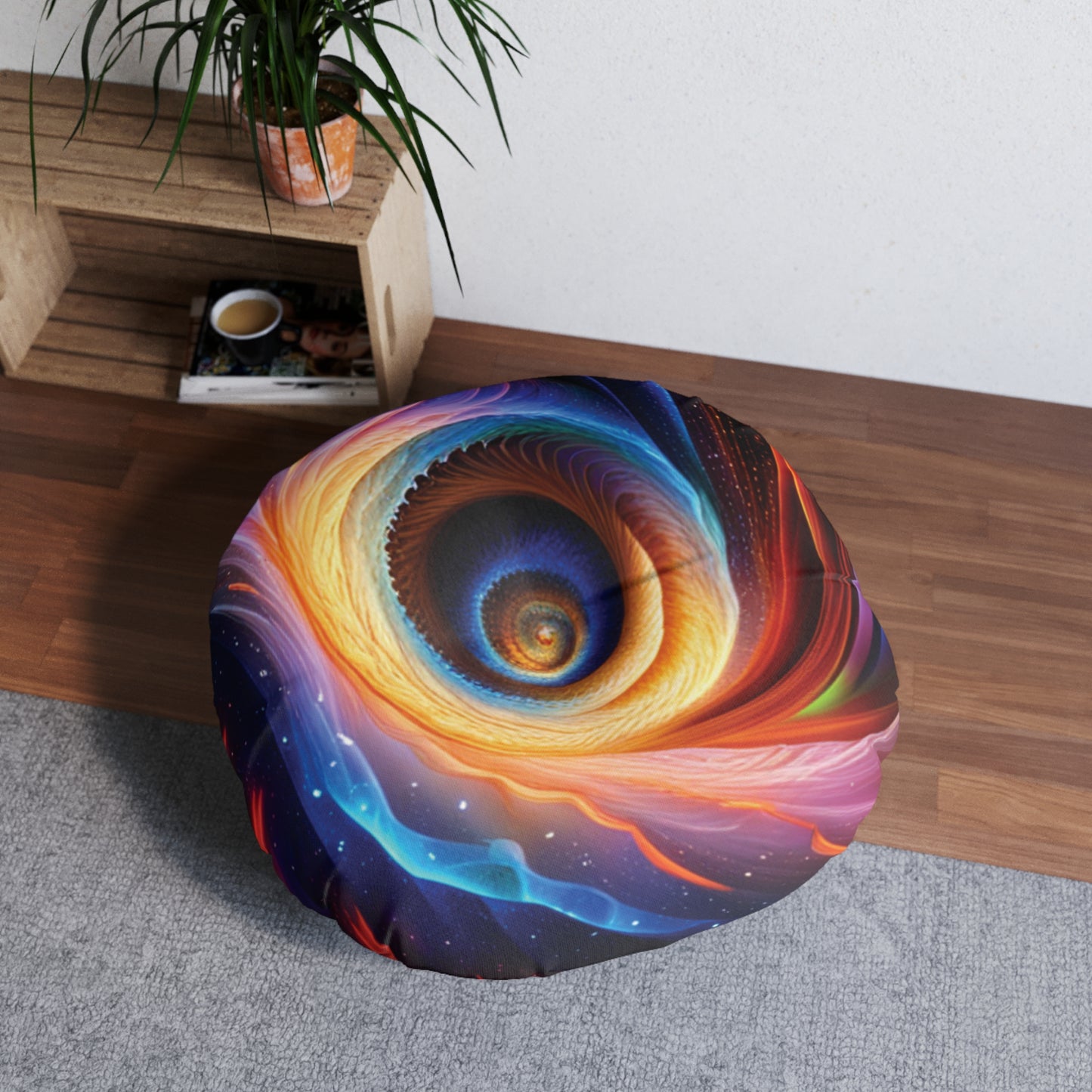 Cosmic Spiral"" Tufted Floor Pillow, Round