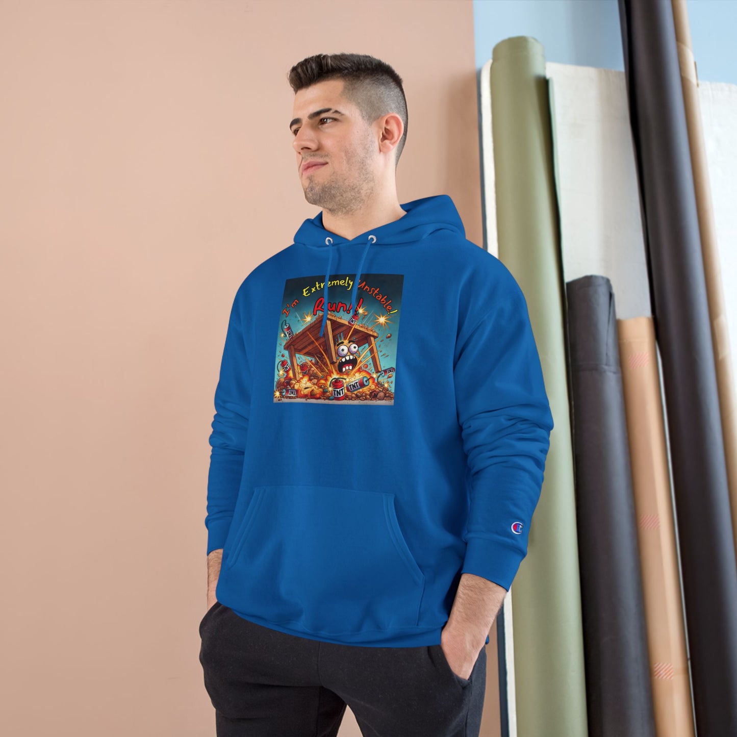 Fun & Unique Champion Hoodie - "I'm Extremely Unstable! Run!!" with “Stone Customs” Logo on back