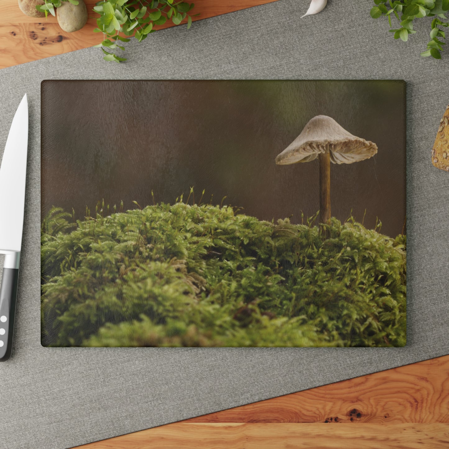 "Mushroom On Mossy Mound" Glass Cutting Board