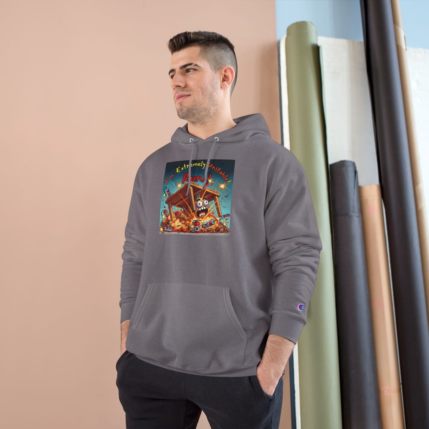 Fun & Unique Champion Hoodie - "I'm Extremely Unstable! Run!!" with “Stone Customs” Logo on back