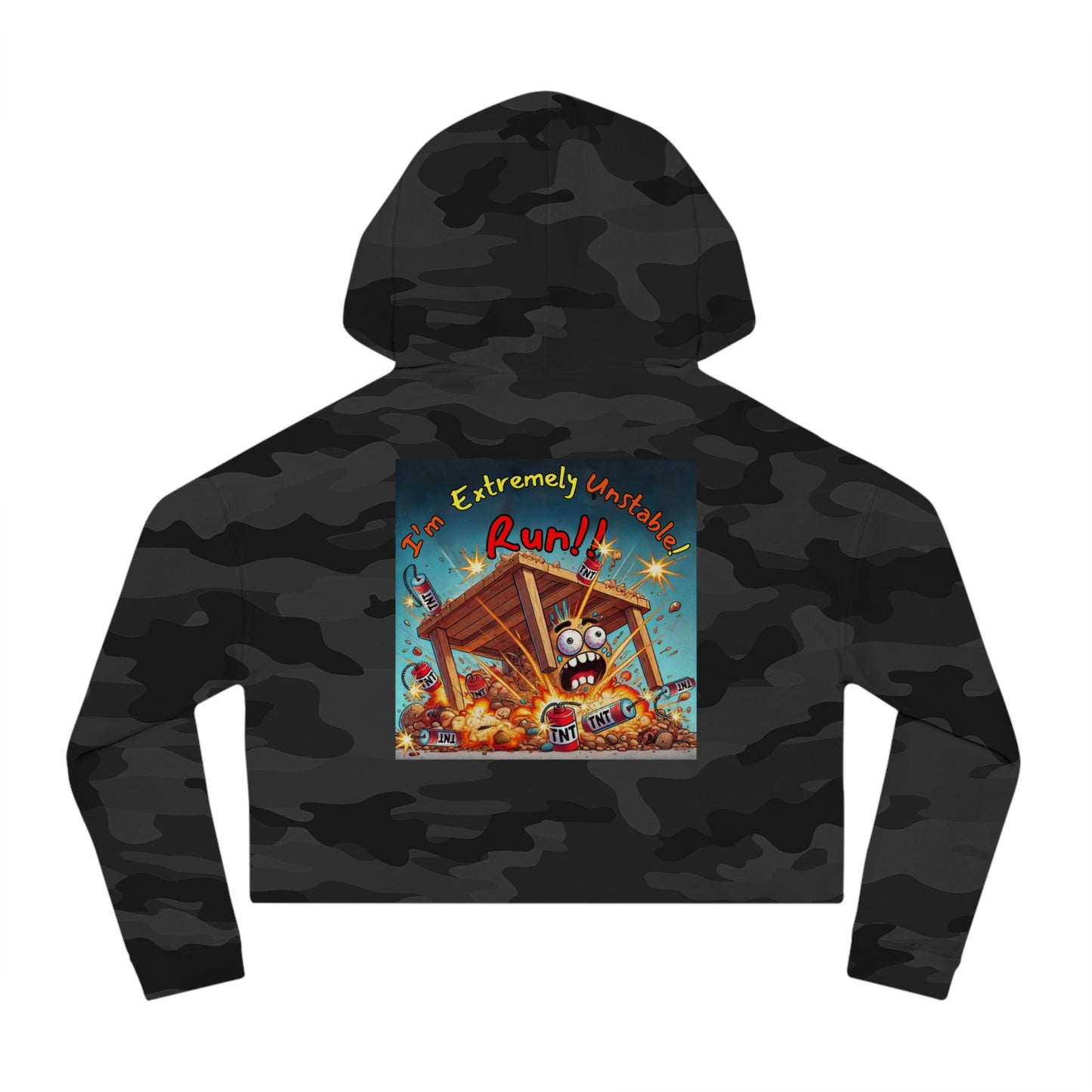 Fun Graphic Cropped Hooded Sweatshirt - “I’m Extremely Unstable! Run!” Design for Casual Wear