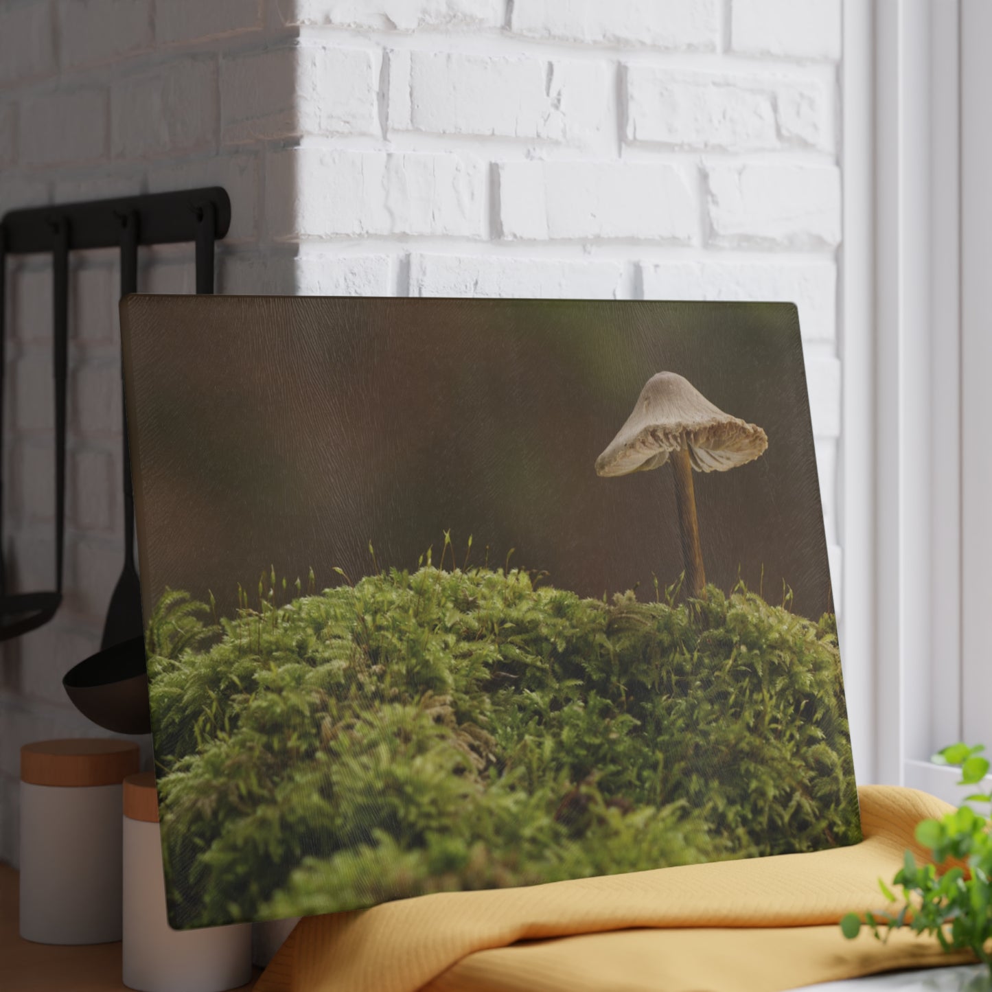 "Mushroom On Mossy Mound" Glass Cutting Board